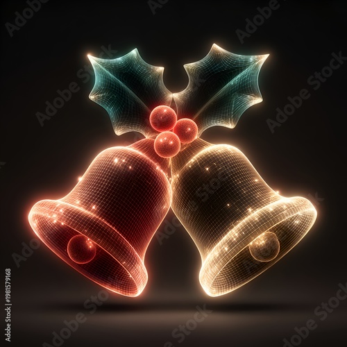 Glowing christmas bells outlined with shimme lights and festive holly sprigs displayed against a dark elegant background for seasonal joy.