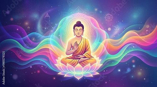 Buddha Meditating on Lotus Flower with Colorful Spiritual Aura
