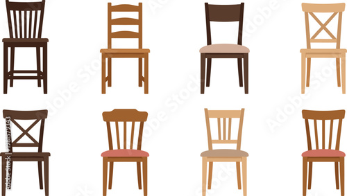 Wooden chair icons vector set furniture collection various styles seating isolated home interior design flat illustration