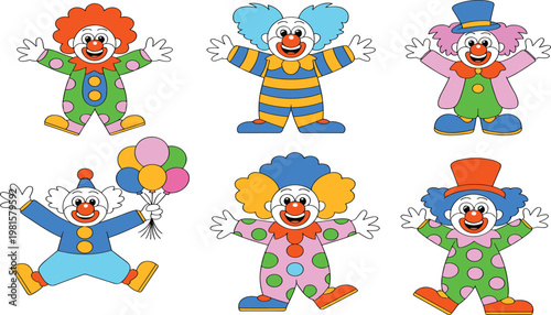 Playful cartoon clowns collection with colorful costumes, balloons, makeup, smiling faces, circus entertainment characters, cheerful party celebration illustration set