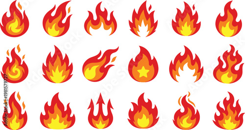 Cartoon fire flame icons vector set bright red yellow blazing flames collection heat energy symbols flat illustration