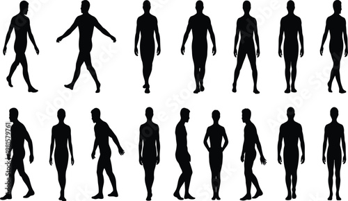 Sixteen black human silhouettes in standing and walking poses with diverse orientations, front, side, and back views for anatomy, motion, and artistic reference