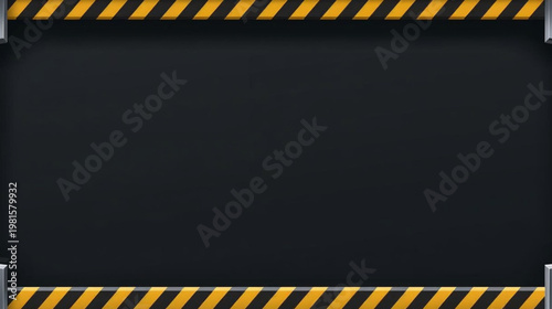 Flat vector illustration of a industrial-style frame with metallic edges and bold yellow-black hazard stripes, surrounding a dark, empty central space. 
