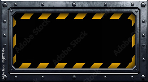 Flat vector illustration of a industrial-style frame with metallic edges and bold yellow-black hazard stripes, surrounding a dark, empty central space. 