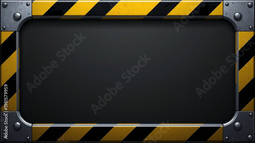 Flat vector illustration of a industrial-style frame with metallic edges and bold yellow-black hazard stripes, surrounding a dark, empty central space. 