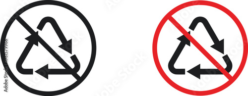 Billede på lærred No recycling prohibition sign icon set with crossed recycle symbol in black and red circular warning styles