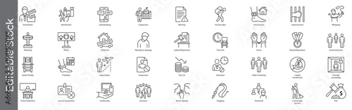 Punishment, discipline and social consequence icon set – editable outline symbols of penalty, reprimand, shaming, imprisonment and legal actions