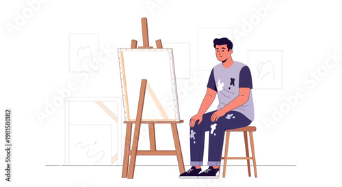 Artist sitting on stool in front of easel and canvas in studio, contemplating next brushstroke