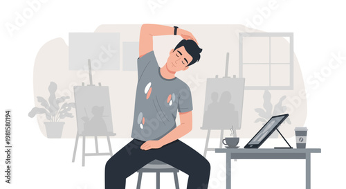 Artist stretching neck and shoulders at desk with laptop and easel in studio