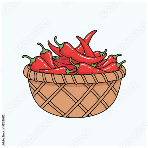 Red Chili Peppers in Woven Basket.
