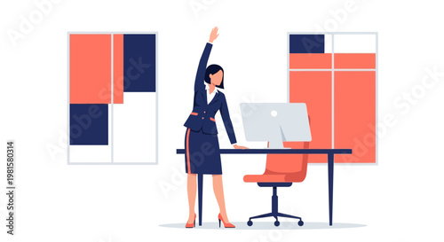 Businesswoman stretching at office desk, healthy work break, modern office interior