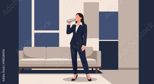 Businesswoman in a suit drinking from a bottle in a modern office