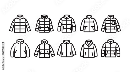 Puffy Jacket Styles in Clean Line Art for Fashion and Apparel Design