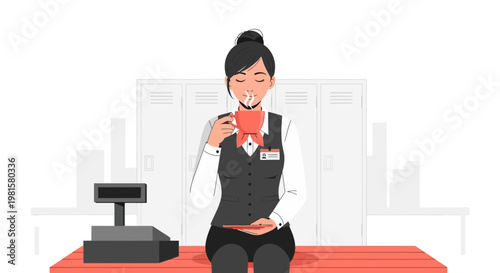 Cashier taking a coffee break, relaxing at work, enjoying a hot beverage