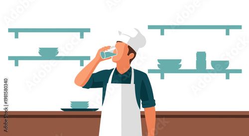 Chef drinking water in kitchen, taking a break from cooking, healthy hydration