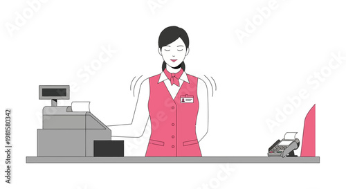 Cashier woman in uniform at checkout counter with payment terminal and cash register
