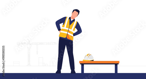 Construction worker doing stretching exercise on site, safety vest and hard hat nearby