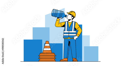 Construction worker drinking water from bottle, city skyline background, safety cones