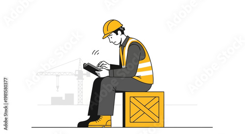 Construction worker in hard hat and vest taking notes on clipboard at building site