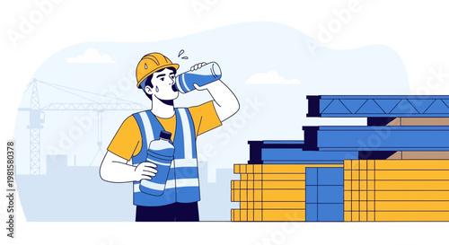 Construction worker drinking water to stay hydrated on a hot day at a building site