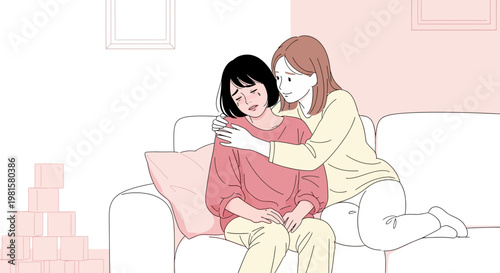 Comforting embrace: Woman consoles crying friend on sofa, emotional support, empathy, care