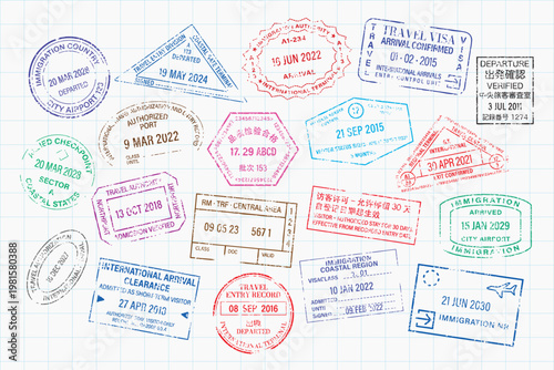 Colorful passport stamps collection vector elements