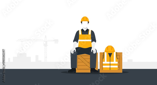 Construction worker sitting on boxes with safety gear, industrial background