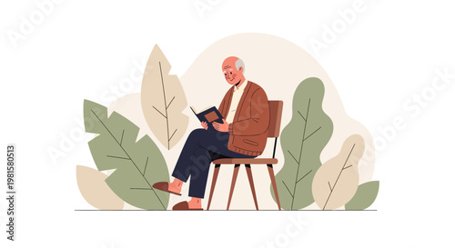 Elderly man reading a book while sitting on a chair outdoors surrounded by plants