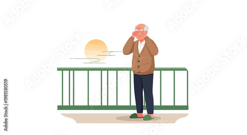 Elderly Man on Balcony at Sunrise, Shielding Eyes from Sun