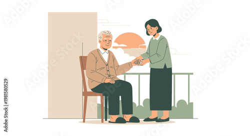 Elderly man receiving care from a younger woman on a balcony at sunset