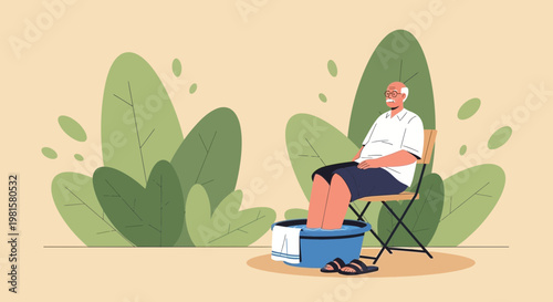 Elderly man relaxing with foot bath outdoors surrounded by lush green leaves