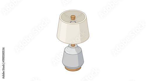 Simple, modern desk lamp with a white conical shade and a gray base, depicted in a clean isometric illustration style
