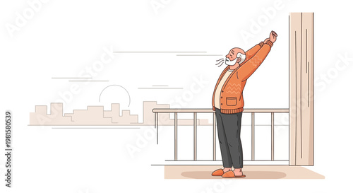 Elderly man stretching on balcony at sunrise, enjoying morning view