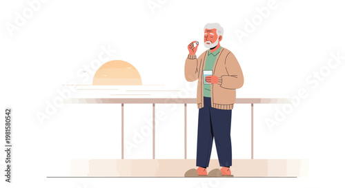 Elderly Man Taking Medication with Water at Sunrise on Balcony