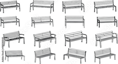 Collection of black and white sketches depicting various park bench designs