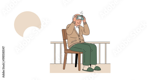 Elderly man watching solar eclipse through binoculars from balcony