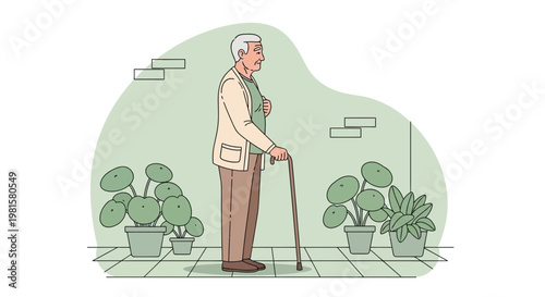 Elderly Man with Cane Standing Among Potted Plants, Feeling Unwell