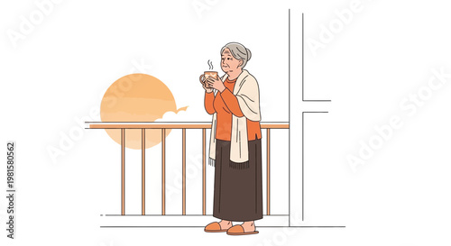 Elderly Woman Enjoying Morning Coffee on Balcony at Sunrise