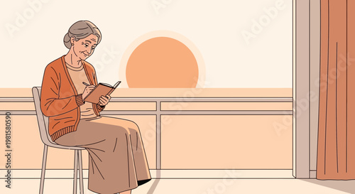 Elderly Woman Writing in Journal on Balcony at Sunrise