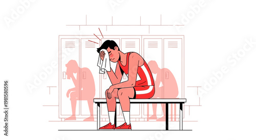 Exhausted Athlete Sitting in Locker Room After Sports Game, Wiping Sweat