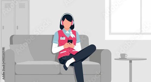 Employee Relaxing on Sofa with Headphones and Smartphone During Break Time