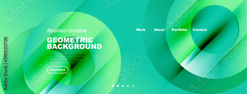 Abstract geometric background design. Vibrant green hues create modern website header or banner. Includes navigation options, button.