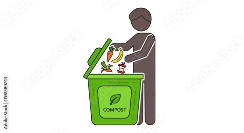 Person composting food scraps in a green bin for sustainability and waste reduction.