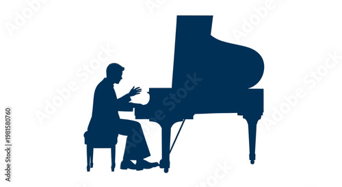 Silhouette of a man playing a grand piano, elegant musical performance