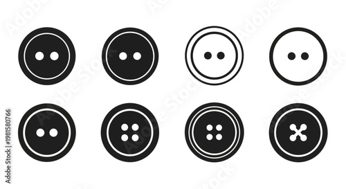 Set of Various Black and White Sewing Buttons, Isolated on White Background