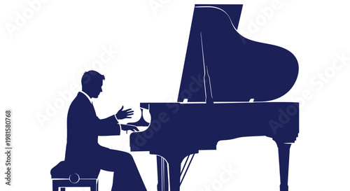 Silhouette of a man playing a grand piano, elegant musician performance, classical music concept