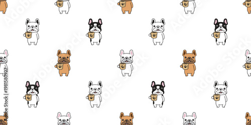 french bulldog dog seamless pattern drink coffee cup puppy vector pet breed cartoon gift wrapping paper repeat wallpaper tile background doodle illustration isolated design