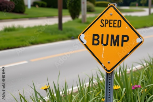 A speed bump warning sign where the painted bump graphic has physically bulged out of the metal.