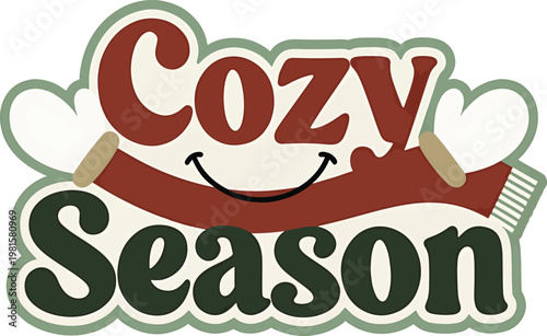 A festive cozy season graphic illustration featuring a smiling face with a red scarf and mittens Vector