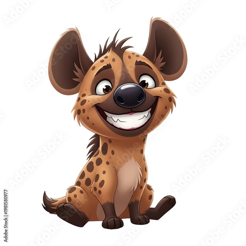 Cute Baby Hyena Cartoon Character - Smiling Spotted Hyena Sitting Isolated on White
